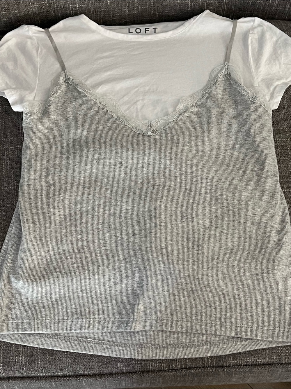 LOFT Light Gray Lace-Trim Ribbed Cami